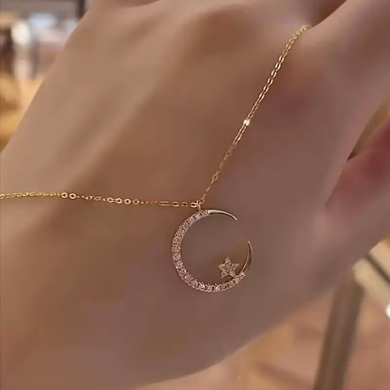 1pc Crescent Moon and Star Necklace - Minimalist Elegant Women's Chain, for Daily Wear, Gift Suitable for Occasions, Year-Round Versatile Retro & Cute Pendant for Birthdays,, Special Events
