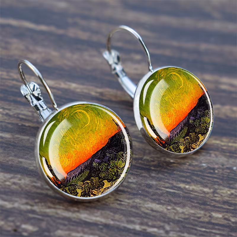 Minimalist Style Earrings Inspired by Van Gogh'S Oil Paintings, Featuring The Famous Starry Night Design. A Beautiful Glass Jewelry Gift for Women, Sold As a Pair